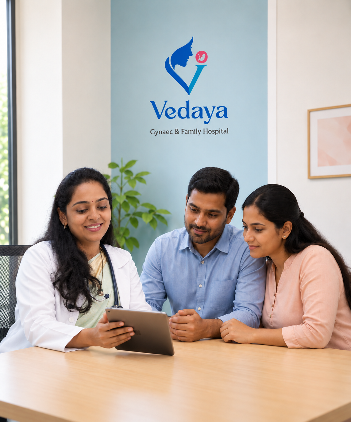 Fertility specialist consulting a couple at Vedaya Gynecology and Fertility Hospital
