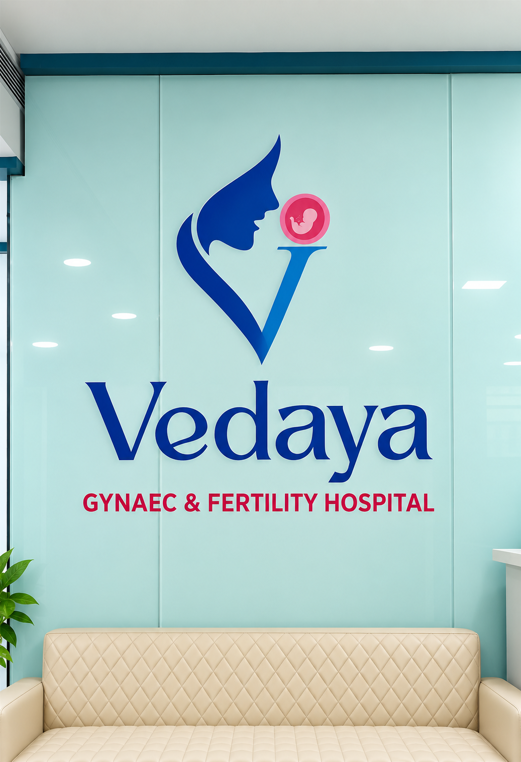 Vedaya Gynecology and Fertility Hospital reception branding wall